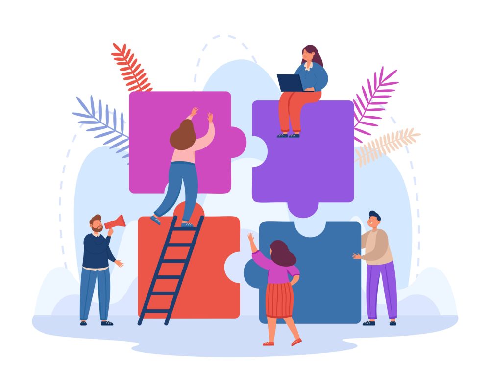 Tiny business persons working on jigsaw puzzle together. Metaphor for cooperation or partnership, collaboration between team of people flat vector illustration. Communication, teamwork concept